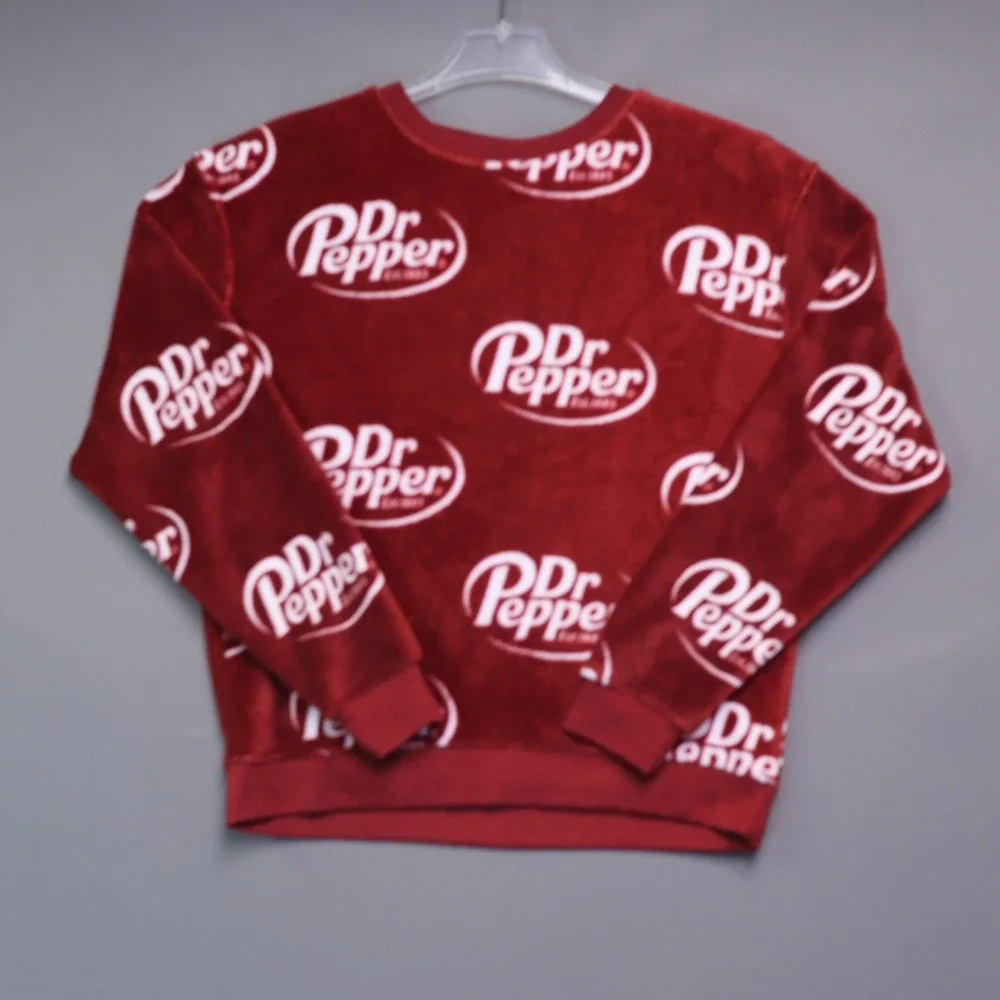 Dr Pepper Sweatshirt Mens Medium Red Excellent Plush Fleece Allover Logo Print